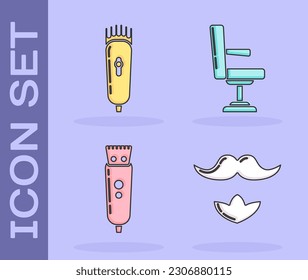 Set Mustache and beard, Electrical hair clipper or shaver, Electrical hair clipper or shaver and Barbershop chair icon. Vector