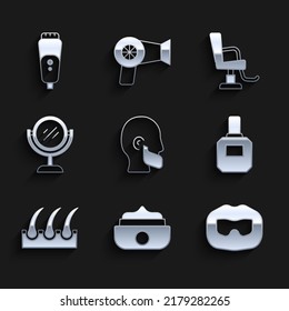 Set Mustache and beard, Gel or wax for hair styling, Aftershave, Human follicle, Hand mirror, Barbershop chair and Electric razor blade icon. Vector