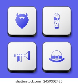 Set Mustache and beard, Glass of beer, Trumpet and Leprechaun hat icon. White square button. Vector