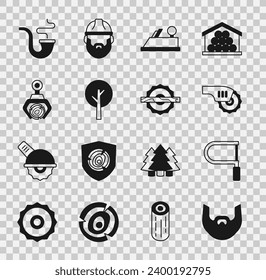 Set Mustache and beard, Hacksaw, Electric circular, Wood plane tool, Tree, Grapple crane grabbed log, Smoking pipe and  icon. Vector