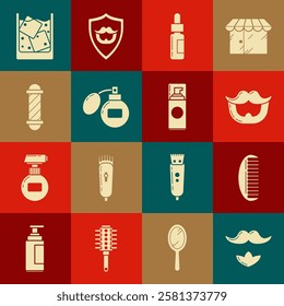 Set Mustache and beard, Hairbrush, Glass bottle with pipette, Aftershave, Classic Barber shop pole, of whiskey ice cubes and Shaving gel foam icon. Vector