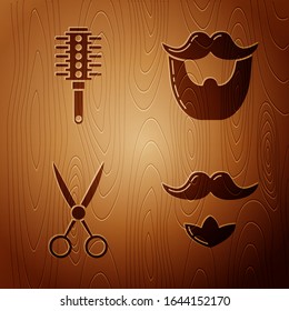 Set Mustache und Bart, Haarbürste, Scheren-Friseur und Mustache und Bart auf Holzhintergrund. Vektorillustration