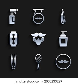 Set Mustache und Bart, Handspiegel, Flasche Shampoo, Curling Eisen für Haare, Blade Rasier, Straight und Friseur Pistolspray Flaschensymbol. Vektorgrafik