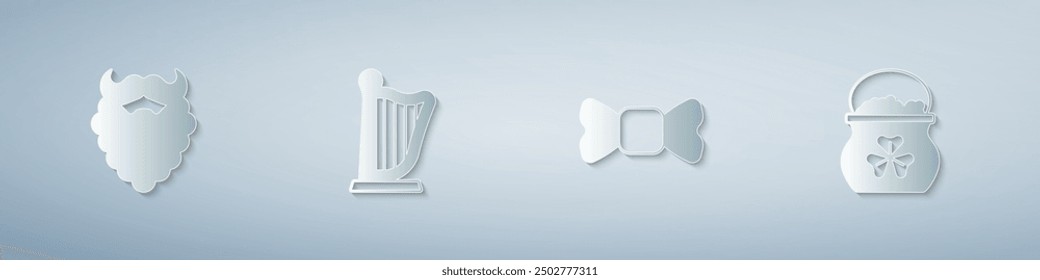 Set Mustache and beard, Harp, Bow tie and Pot of gold coins. Paper art style. Vector