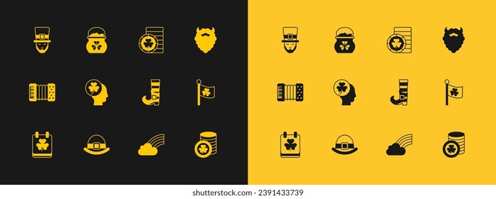 Set Mustache and beard, Leprechaun hat, boot, Rainbow with cloud, Head clover trefoil leaf, Golden leprechaun coin,  and Pot of gold coins icon. Vector