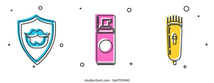 Set Mustache and beard on shield, Shaving gel foam and Electrical hair clipper or shaver icon. Vector