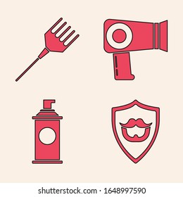 Legen Sie Mustache und Bart auf Schild, Haarbürste, Haartrockner und Shave Gel-Schaumsymbol. Vektorillustration