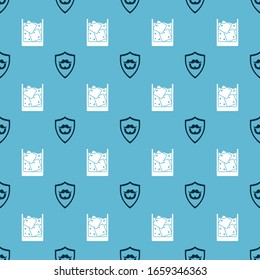 Set Mustache and beard on shield and Glass of whiskey and ice cubes on seamless pattern. Vector