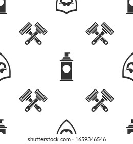Set Mustache and beard on shield, Shaving gel foam and Crossed shaving razor on seamless pattern. Vector