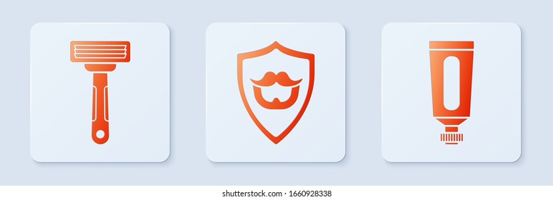 Set Mustache and beard on shield, Shaving razor and Cream or lotion cosmetic tube. White square button. Vector