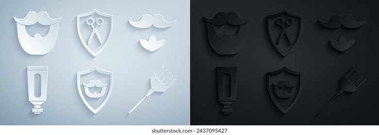 Set Mustache and beard on shield, Cream or lotion cosmetic tube, Hairbrush, Scissors hairdresser and  icon. Vector