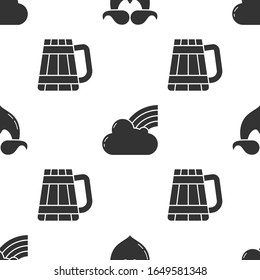 Set Mustache and beard, Rainbow with cloud and Wooden beer mug on seamless pattern. Vector