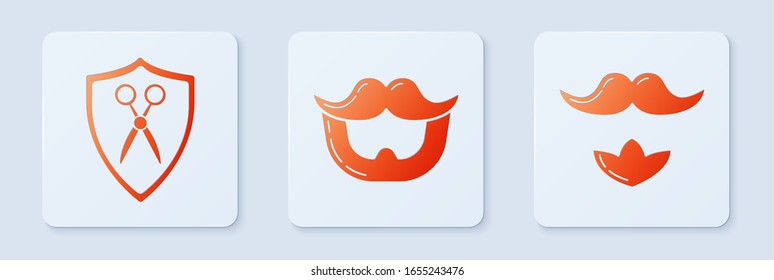 Set Mustache and beard, Scissors hairdresser and shield and Mustache and beard. White square button. Vector