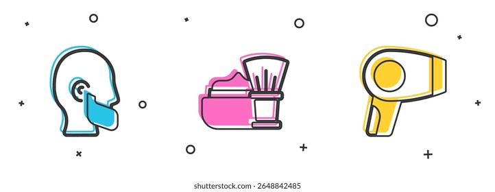 Definir Mustache e barba, Escova de barba com espuma e secador de cabelo ícone. Vetor