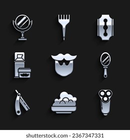 Set Mustache and beard, Shaving gel foam, Electric razor blade for men, Hand mirror, Straight, Blade and Round makeup icon. Vector