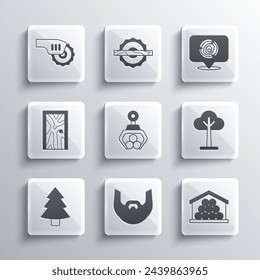 Set Mustache and beard, Wooden logs, Tree, Grapple crane grabbed, Christmas tree, Closed door, Electric circular saw and  icon. Vector