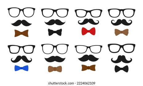 Set aus Mustache, Bow Tie und Gläser einzeln auf ebene Art