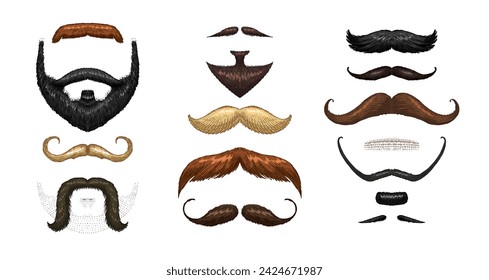 Set of mustache and funny beard of men, hipster and retro barber or hairdresser on transparent background. engraved hand drawn in old sketch, vintage style for packaging and signage.