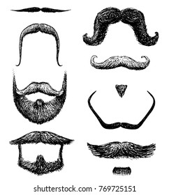 Set of mustache and funny beard of men, hipster and retro barber or hairdresser on transparent background. engraved hand drawn in old sketch, vintage style for packaging and signage.