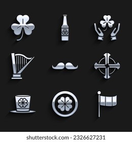 Set Mustache, Gold coin with four leaf clover, National Ireland flag, Celtic cross, Leprechaun hat, Harp, Human hands holding and Four icon. Vector