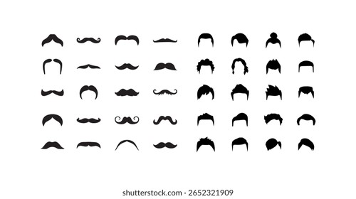 Conjunto de silhuetas de bigode e penteado, ilustração vetorial. conjunto de bigodes. coleção de ícones de bigode