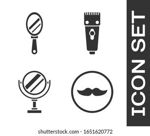 Set Mustache, Hand mirror, Round makeup mirror and Electrical hair clipper or shaver icon. Vector