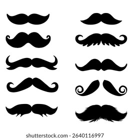 Set of mustache icon silhouettes in various styles, from classic to quirky. Ideal for barbershop logos, retro designs, and men's grooming themes. Bold, fun, and versatile vector elements.flat vector.
