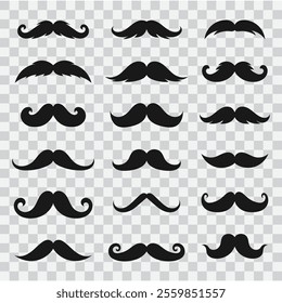 Set of Mustache icons of different shape styles . Clip art black Mustache element on transparent background