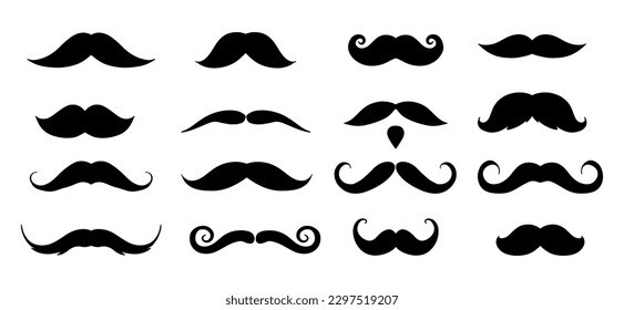 Set of Mustache isolated on white background. Collection of moustache facial hair for men, barber hairstyle elements. Vector illustration