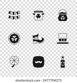 Set Mustache, Leprechaun hat, Beer bottle with clover, boot, Pot of gold coins, Carnival garland flags,  and Golden leprechaun icon. Vector