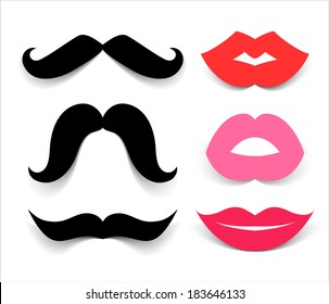 Set Of Mustache And Lips. Vector Illustration.