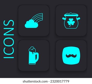 Set Mustache, Rainbow with cloud, Pot of gold coins and Glass beer icon. Black square button. Vector