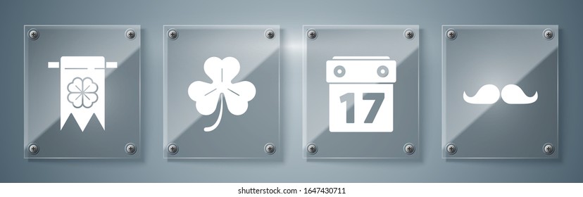 Set Mustache, Saint Patrick's day with calendar, Four leaf clover and Four leaf clover and party pennant. Square glass panels. Vector