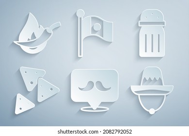 Set Mustache, Salt, Nachos, Mexican sombrero, Mexico flag and Hot chili pepper pod icon. Vector