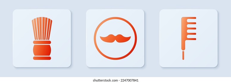 Set Mustache, Shaving brush and Hairbrush. White square button. Vector