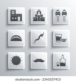 Set Mustache, Tequila bottle and glass, with lemon, Snake, Sun, Taco tortilla, Mexican house and Maracas icon. Vector