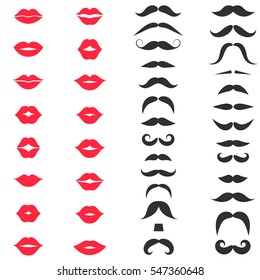 Set of mustache and women's red lips isolated on white