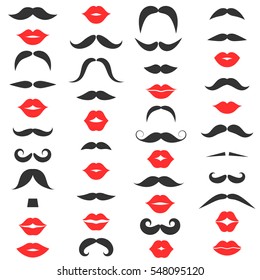 Set Of Mustache And Women's Red Lips