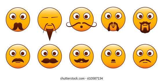Set of mustaches and beards on emoticons. Editable vector design