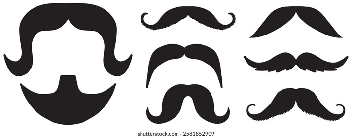 Set of mustaches glyph style. Mustache bundle. Funny mustache stickers. Printable mustaches for every game. Collection of mustaches mustache illustration. Hair style concepts. Black hair, human face