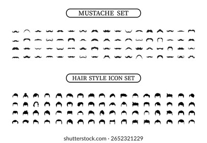 Conjunto de bigodes e silhuetas de penteado coleção. Mustache e ícones de cabelo definidos. Coleção de bigode e penteado