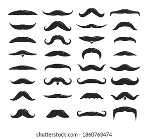 Set of mustaches isolated on white background. Mustache silhouettes, hipster and gentleman style elegance design, barbershop facial, male face accessory. Decorative items for the stand. Vector.