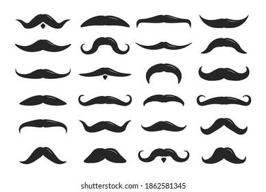 Set of mustaches isolated on white background. Mustache silhouettes, hipster and gentleman style elegance design, barbershop facial, male face accessory. Decorative items for the stand. Vector.