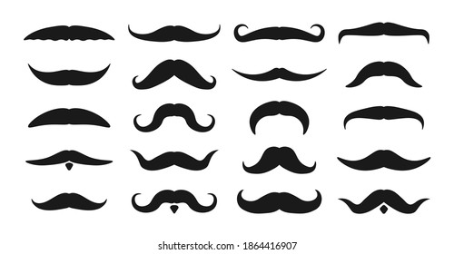 Conjunto de bigotes aislados sobre fondo blanco. Silhouettes de bigote, diseño de elegancia estilo hipster y caballero, barbershop facial, accesorio masculino de cara. Elementos decorativos para el stand. Vector.