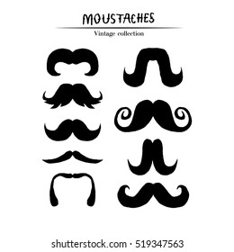 Set of mustaches isolated on white background. Collection of men's mustaches silhouettes. Design elements. Vector illustration