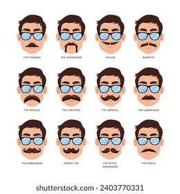 Set of mustaches on mans face, Variations haircuts mustache, fun hipster logo, retro male whiskers, mustache shave and barber symbols collection for father's day, guy model face, barber big collection