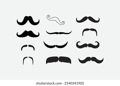 set of mustaches silhouette vector illustration, con set about various mustache whisker tendril, easily editable