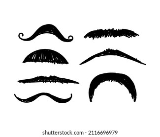 A Set Of Mustachioed Doodle Icons. Hand-drawn Doodles In Sketch Style. Line Drawing Of A Simple Mouth Beard. Isolated Vector Illustration.