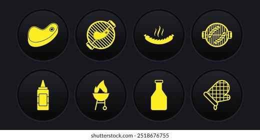 Set Mustard bottle, Barbecue grill with sausage, Ketchup, Sausage, steak, Oven glove and Steak meat icon. Vector