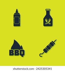 Set Botella de mostaza, kebab de shish a la parrilla, llama de fuego de barbacoa e icono de ketchup. Vector